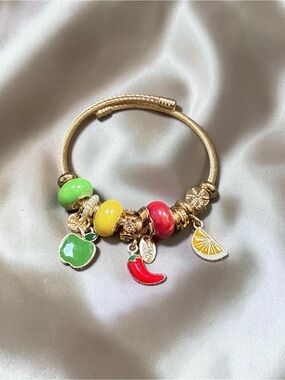 Gold-Tone Fruit Charm Bangle Bracelet with Green, Yellow & Red Beads